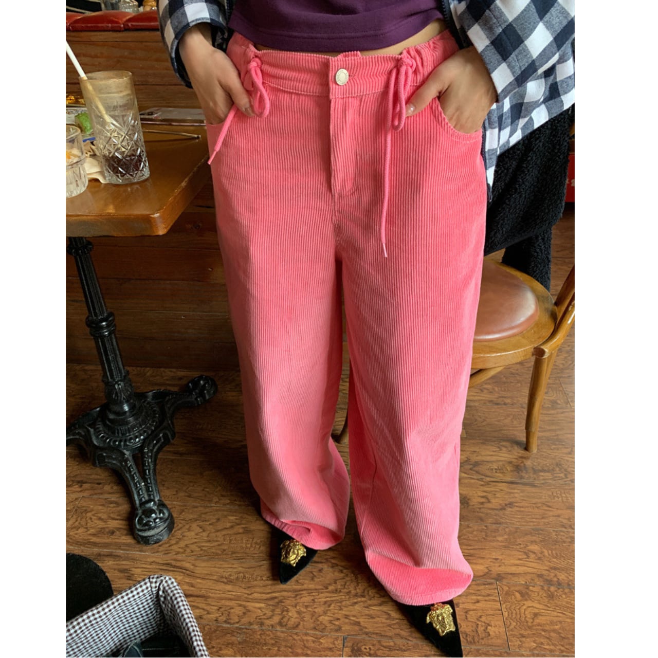 Corduroy material wide leg pants 00060