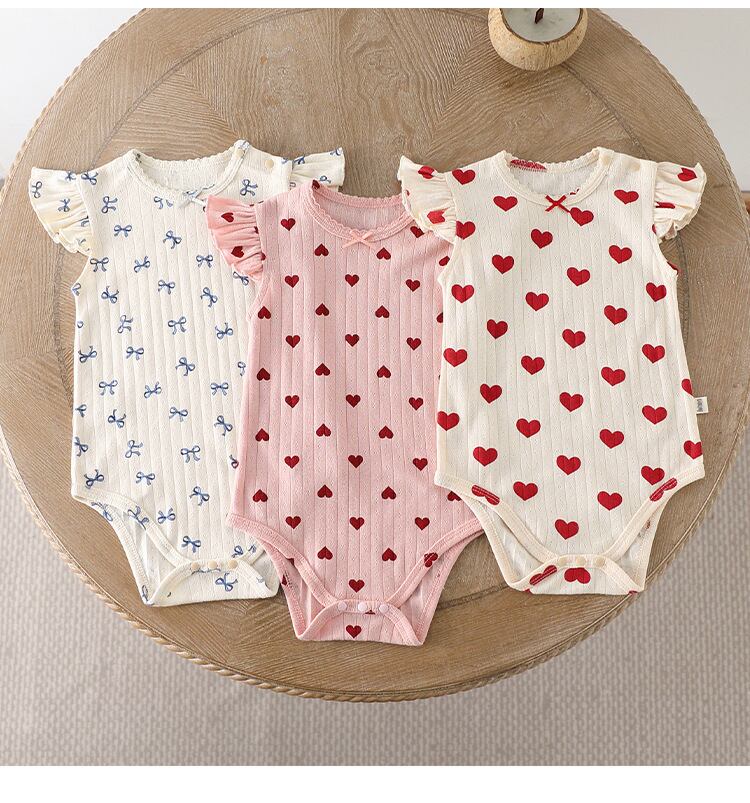 肩フリルリブ透かしコットンロンパース