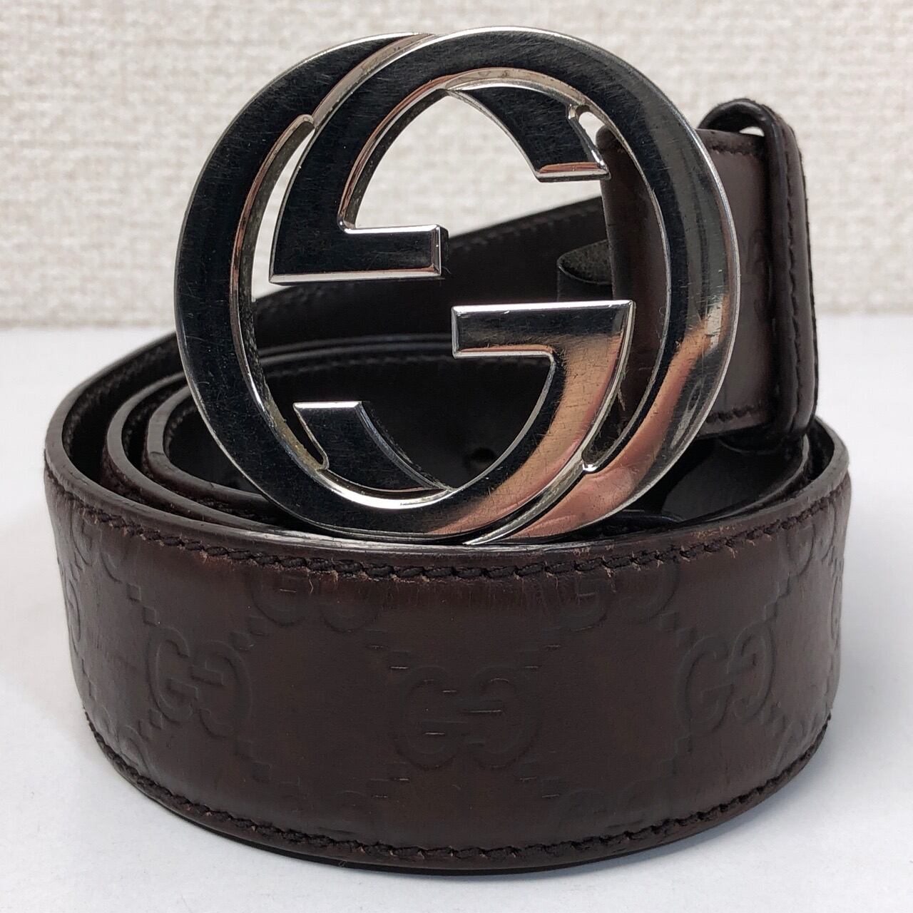 GUCCI ベルト　インターロッキングバックル　シマレザー　本革　ブラウン グッチ ブラウン インターロッキングG GG シマ レザーベルト