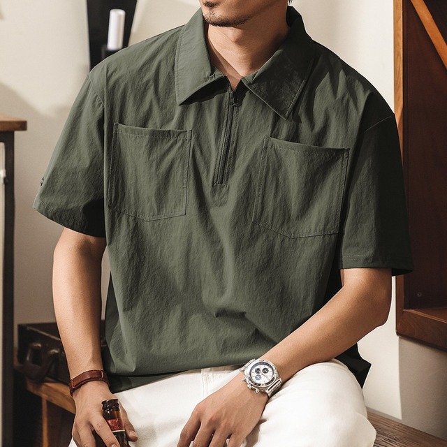 Double pocket half zip cool polo shirt ( 4color )