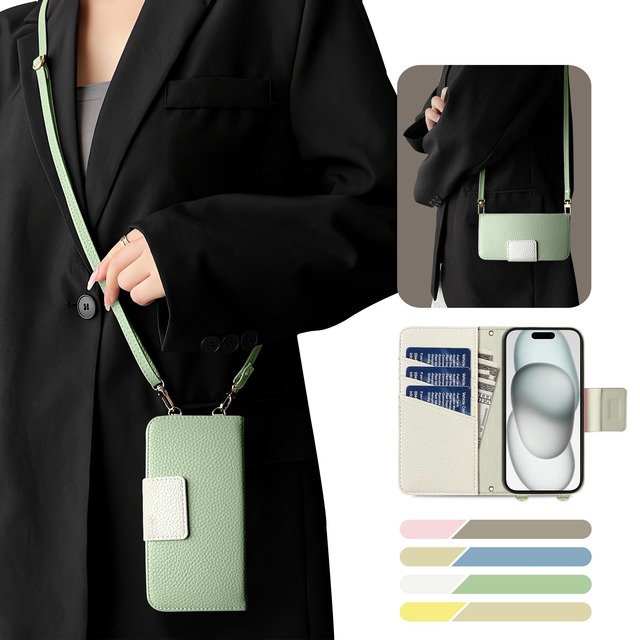 Kahper For iPhone 18 Pro ケース 手帳型 iPhone 17 Pro ショルダー バイカラー(グリーン メ ホワイト)