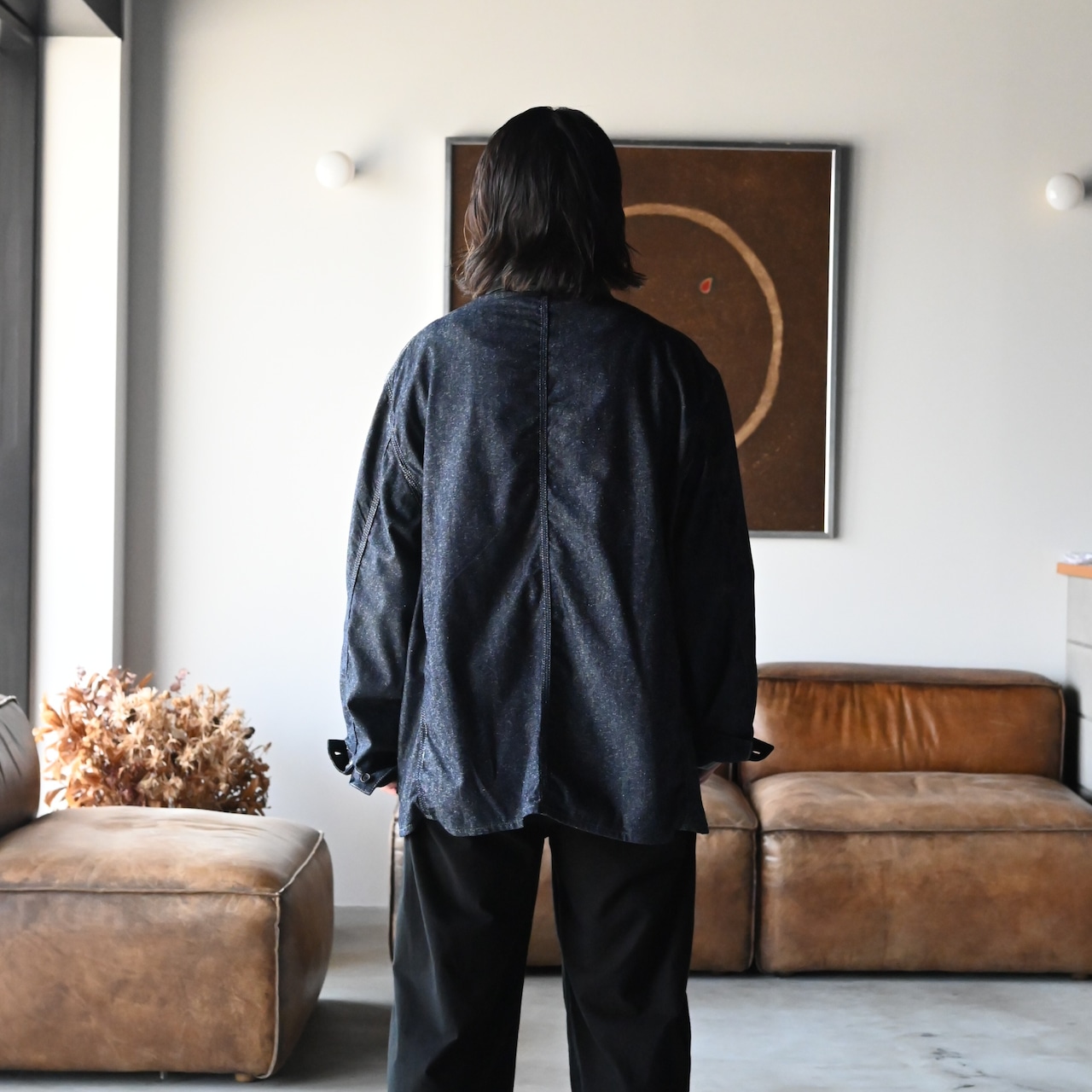 INTERIM / GOAT LEATHER COLLAR SILK NOIL DENIM 1st HERCULES COVERALL