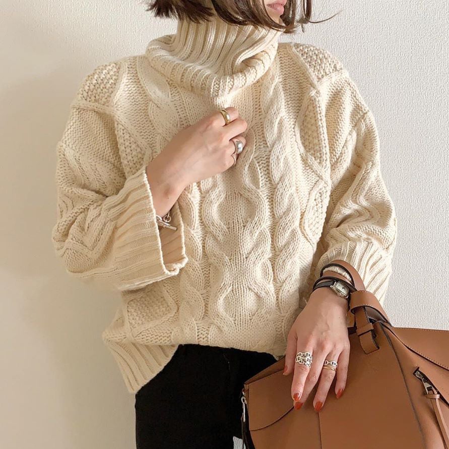 ゆったり ケーブル タートル ニット リブ Day By Day ゆったり ケーブル タートル ニット リブ Day By Day