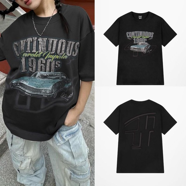 ユニセックス Tシャツ 半袖 オーバーサイズ レトロカー プリント ルーズ カジュアル 男女兼用 韓国ファッション メンズ レディース ストリート系ファッション TBN-784664762772