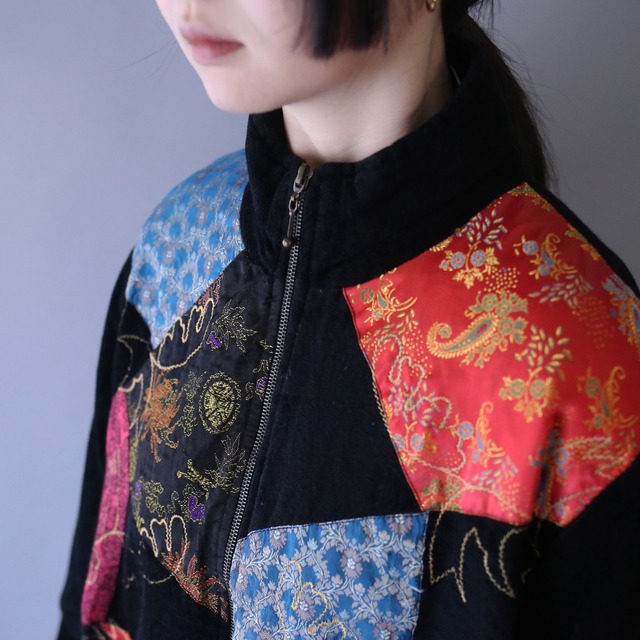 multi fabric switching design high-neck zip-up pile jacket