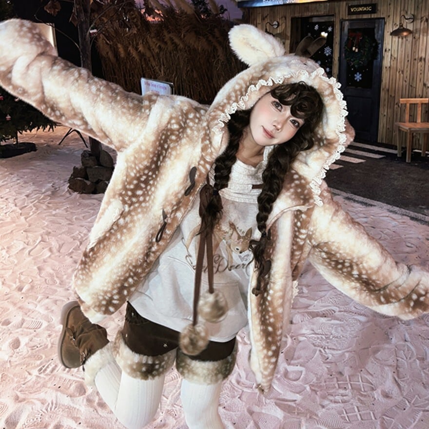 アニマルジャケット トナカイ 冬コート フェイクファー 鹿柄 ホーン