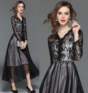 送料無料 未使用 発表会 舞台衣装 パーティ フォ－マル シースルー 裾ランダム ワンピ－ス 11号 L [OPN3793]