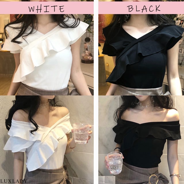 フリル Vネック 2way トップス】 オフショルダー 白 黒 半袖 トップス