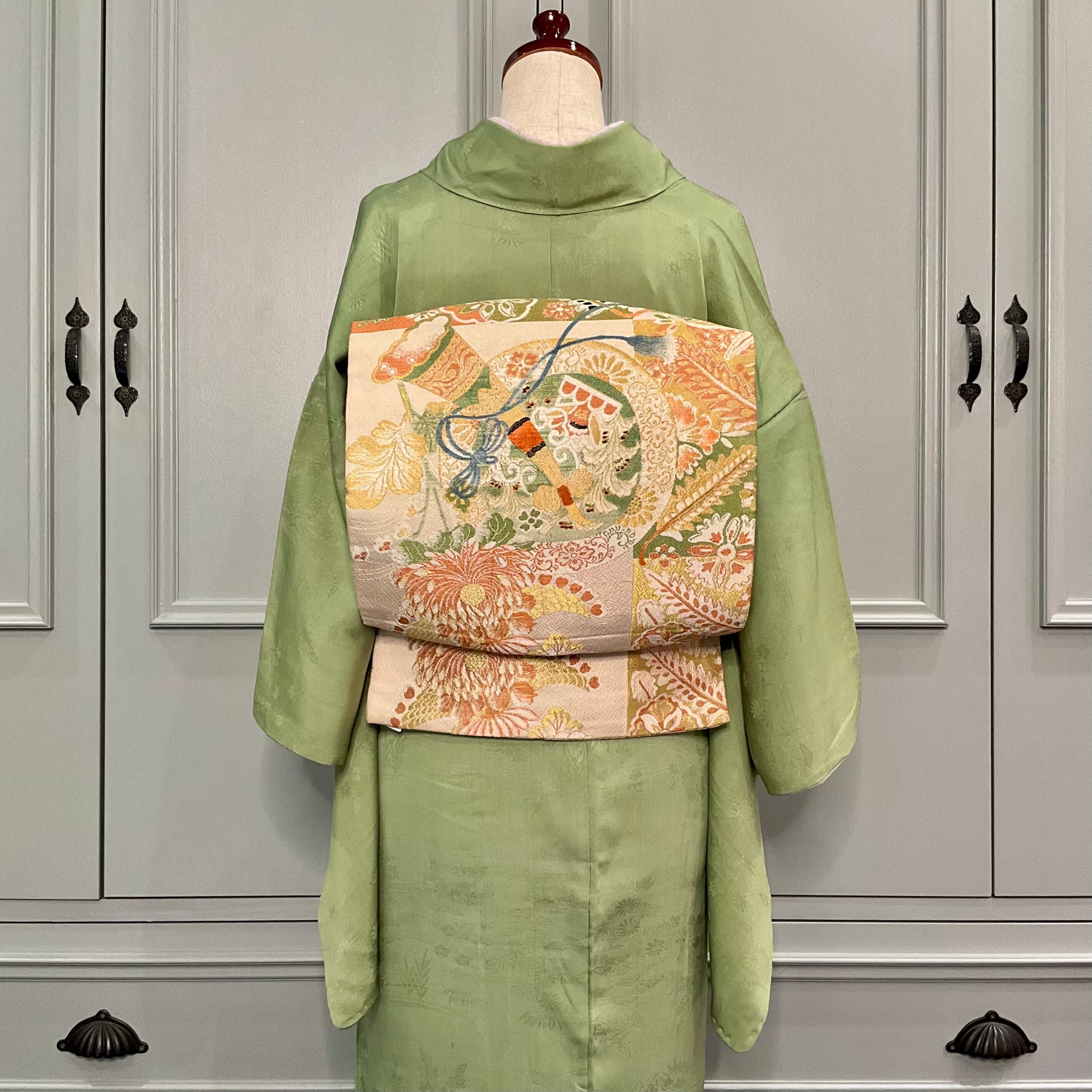翠の花小道＊くすみグリーン 桜 薔薇 藤 菫 蕨 アンティーク付下げ着物