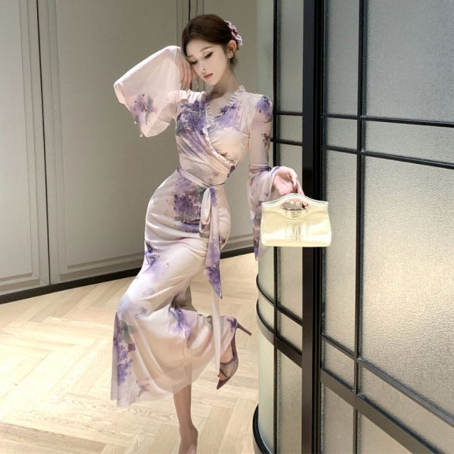 ロングドレス レディース V ネック フレアスリーブ 花柄プリント ウエストリボン ラップデザイン シースルー パープル きれいめ MJ2-ZED886557DXH348A