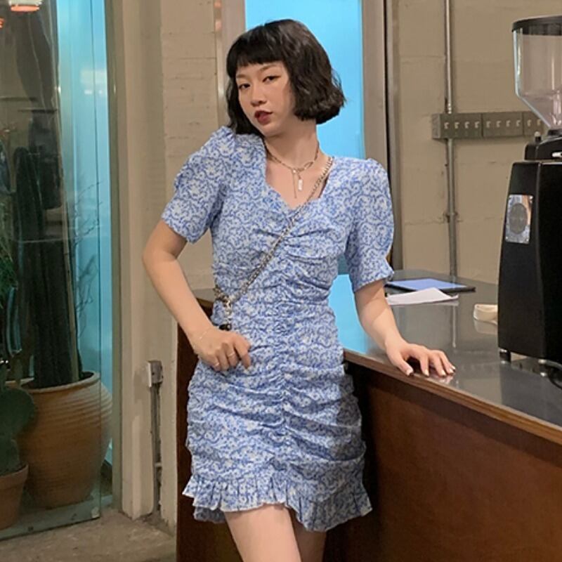 ブルー薄手スカート Vネックフローラルドレス サマースリム 夏物 花柄 YY-ファッション29709154506