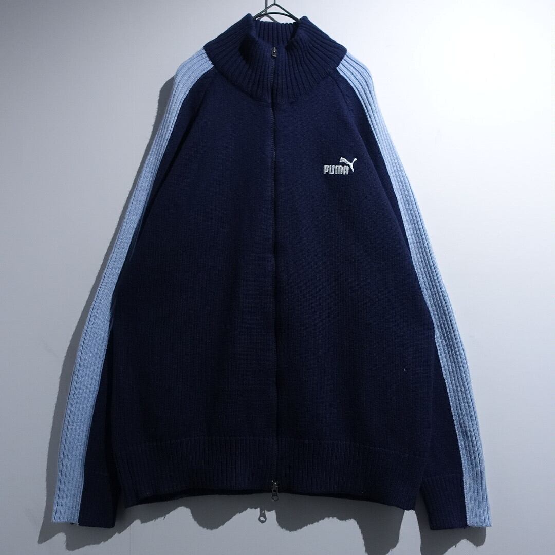 90s “PUMA” Navy Logo & Sleeve Switching Design Double Zip Knit