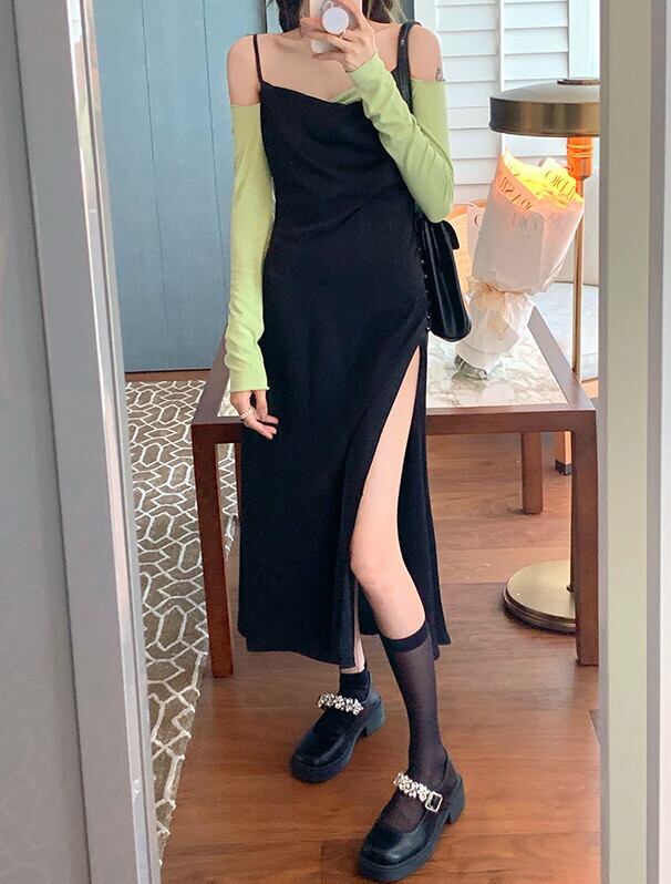 サイドスリットブラックドレス サマーウェストスカート 夏物 モンロー58879820170