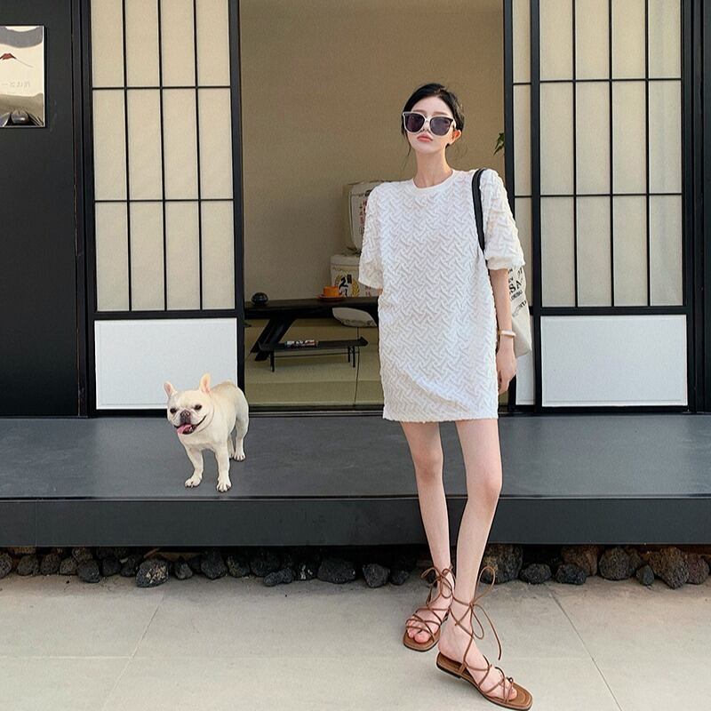 Tシャツ ドレス ルーズ薄手ホワイトショートスカート サマースタイル 夏物 ブラックストロベリース17998274214