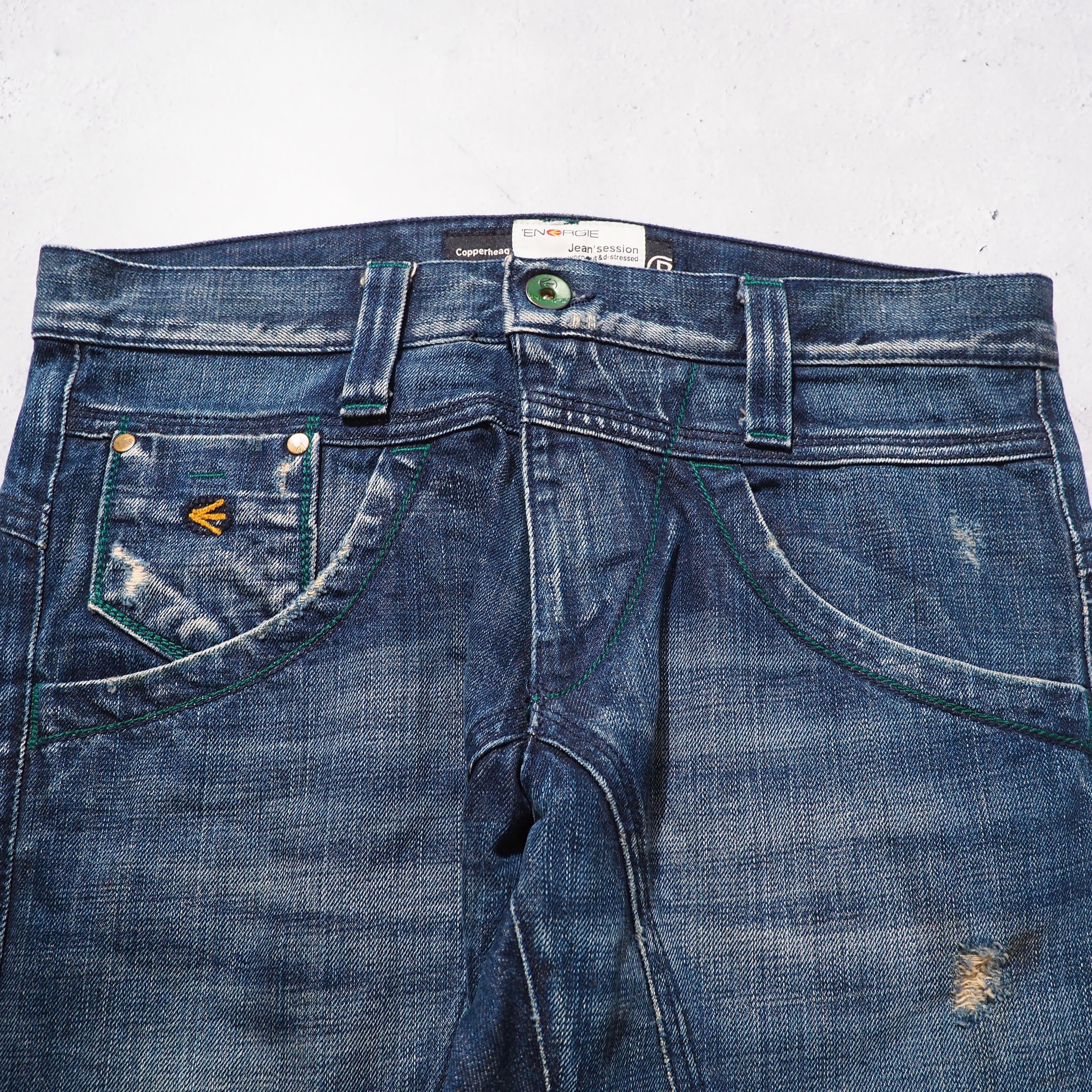 " ENERGIE " Good Fade Aging × Green stitch Embroidery vintage Denim pants (made in Italy)