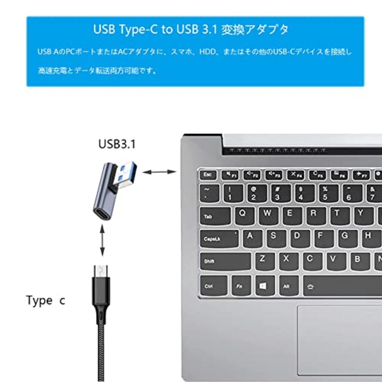 USB 変換アダプタ L字型 Type C（メス）to USB A 3.1（オス）(1個セット)FEILEX 10Gbps 高速データ伝送 高速充電 スマホ パソコンなどに対応