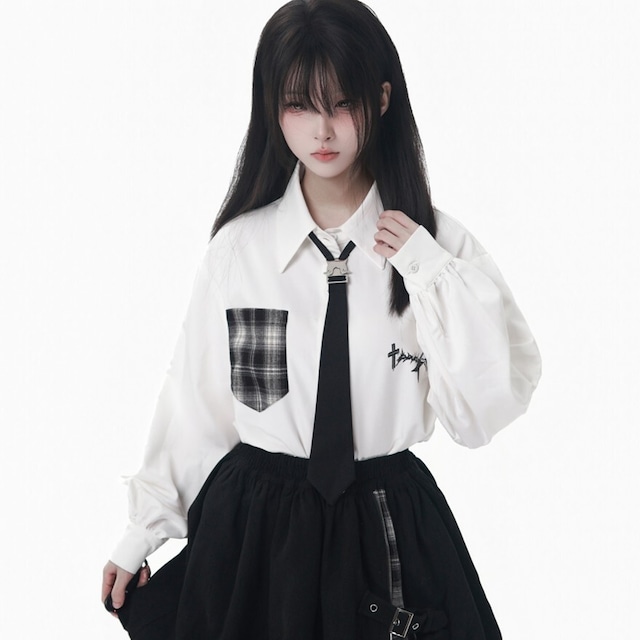 【地雷系・サブカル女子に】チェックポッケ＆ネクタイ付き、病みかわオーバーサイズシャツ コットン pinksavior