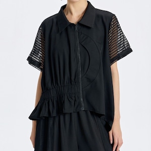 MESH PANEL COLLARED SHORT SLEEVE LOOSE CARDIGAN M-17941