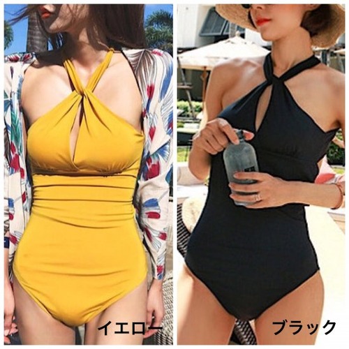 水着 レディース かわいい 水着 スイム マリンウェア 体型カバー 夏 大きいサイズ ねじりクロス モノキニ ワンピース 水着 マスタード ブラック 無地 セクシー バックシャン ホルターネック