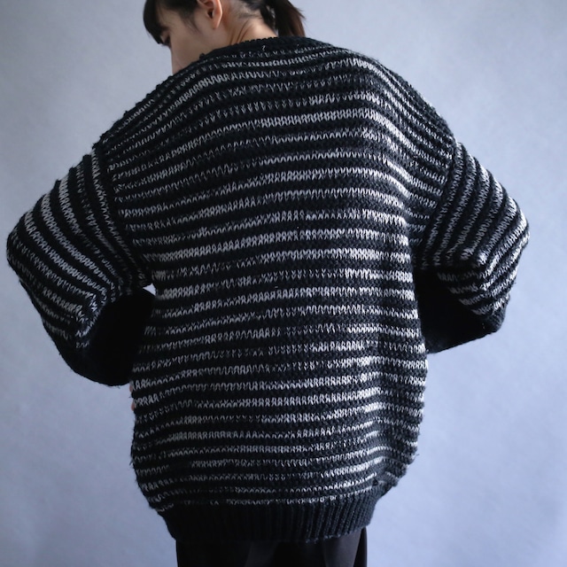 diamond leather patchwork and switching pattern low gauge knit sweater