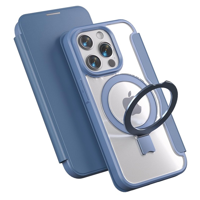 【Magsafe対応 多機能スタンド】smhokesu iPhone 15 Pro Max 用 ケース 手帳型 MagSafe対応 いphone15Promax ケース リング＆スタンド切り替え ワイヤレス充電対応 カード収納1枚 マグネット式 背面透明PU カメラ保護カバー レザー 耐衝撃 全面保護 アイホン iPhone 15promax用 6.7インチ用 ブルー