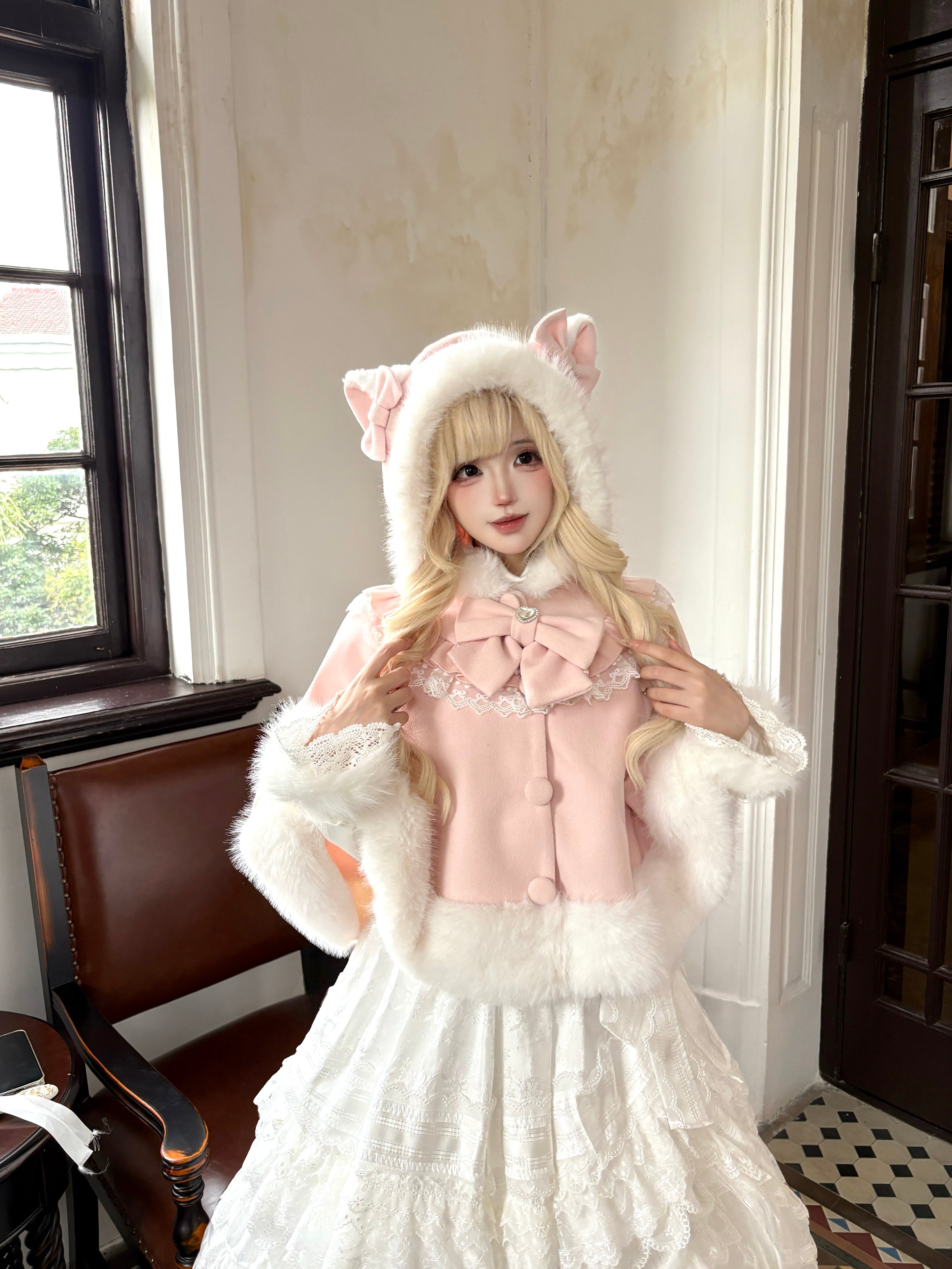 Myurina 猫耳リボン付きファーポンチョ 量産型アウター パステルカラー