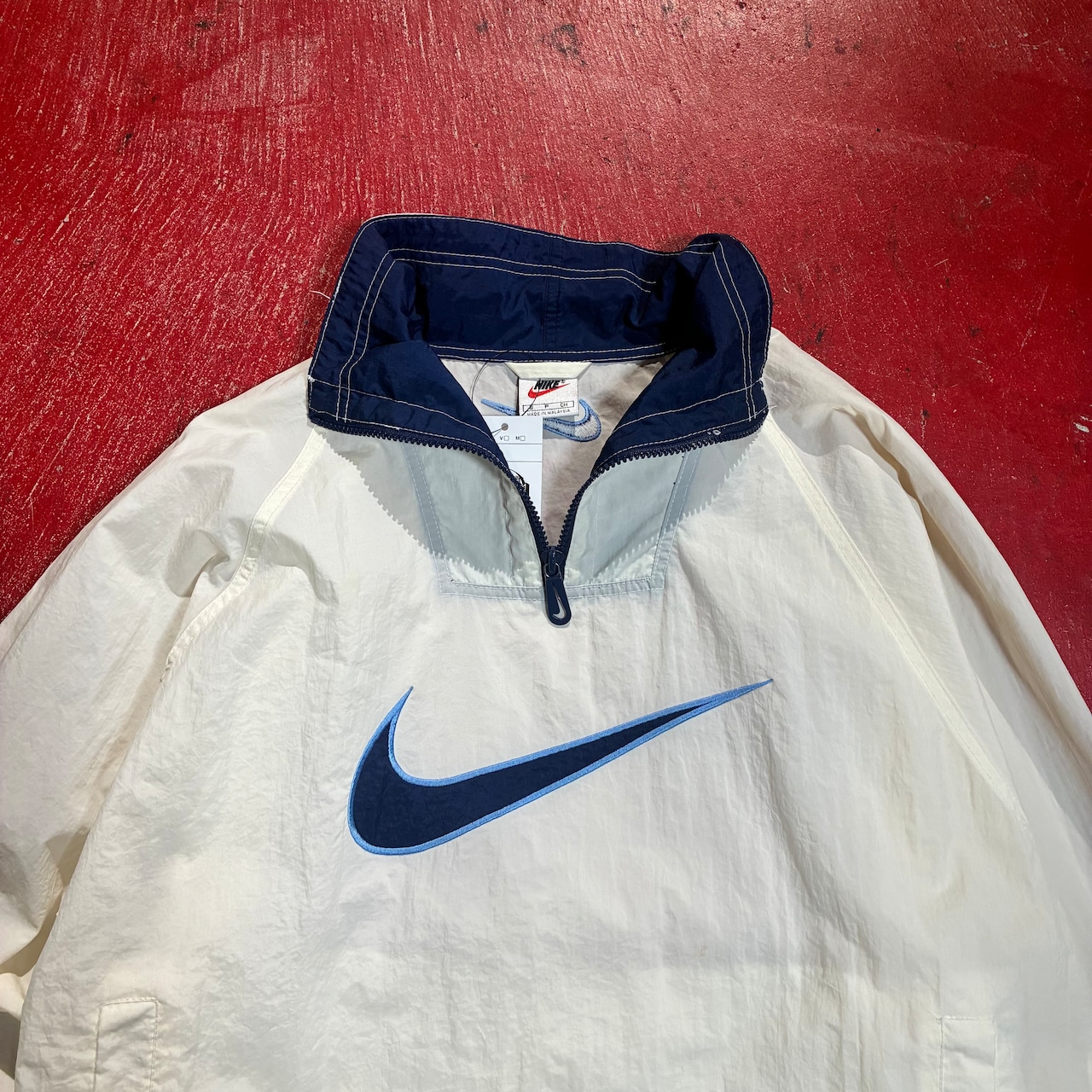 90s NIKE ハーフジップナイロンジャケット アイボリー ビッグスウィッシュ