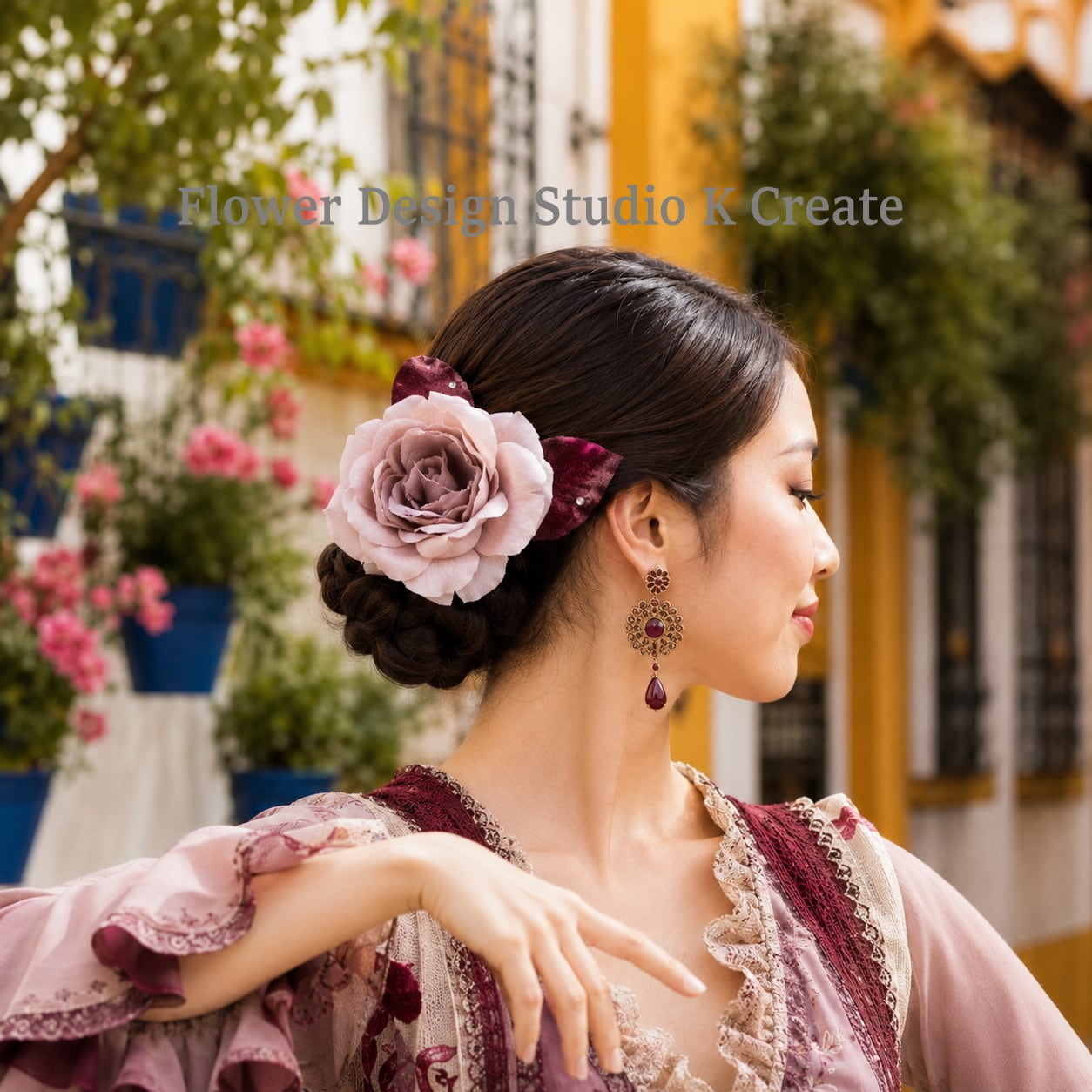 ニュアンスカラー 大輪ピンクの薔薇 フローレス・くすみピンク・舞台映え・フラメンコ・発表会・ライトストーン ベロア 髪飾り