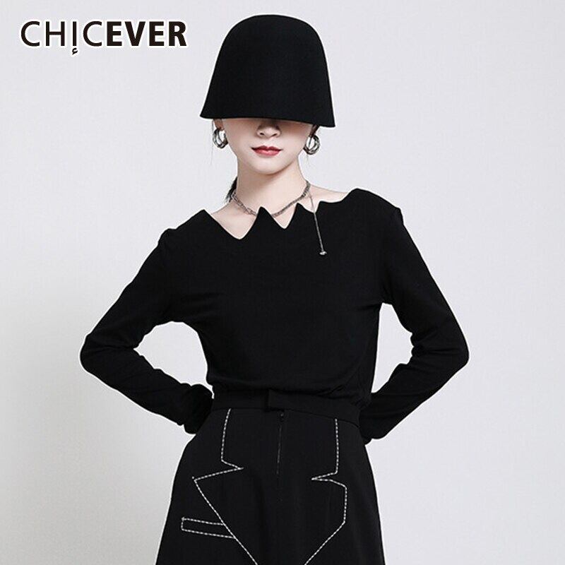 CHICEVERブラックスリムTシャツレディースアシンメトリーカラー長袖ラージサイズニットTシャツ2020 ロング 大きめサイズ 6base594073886967
