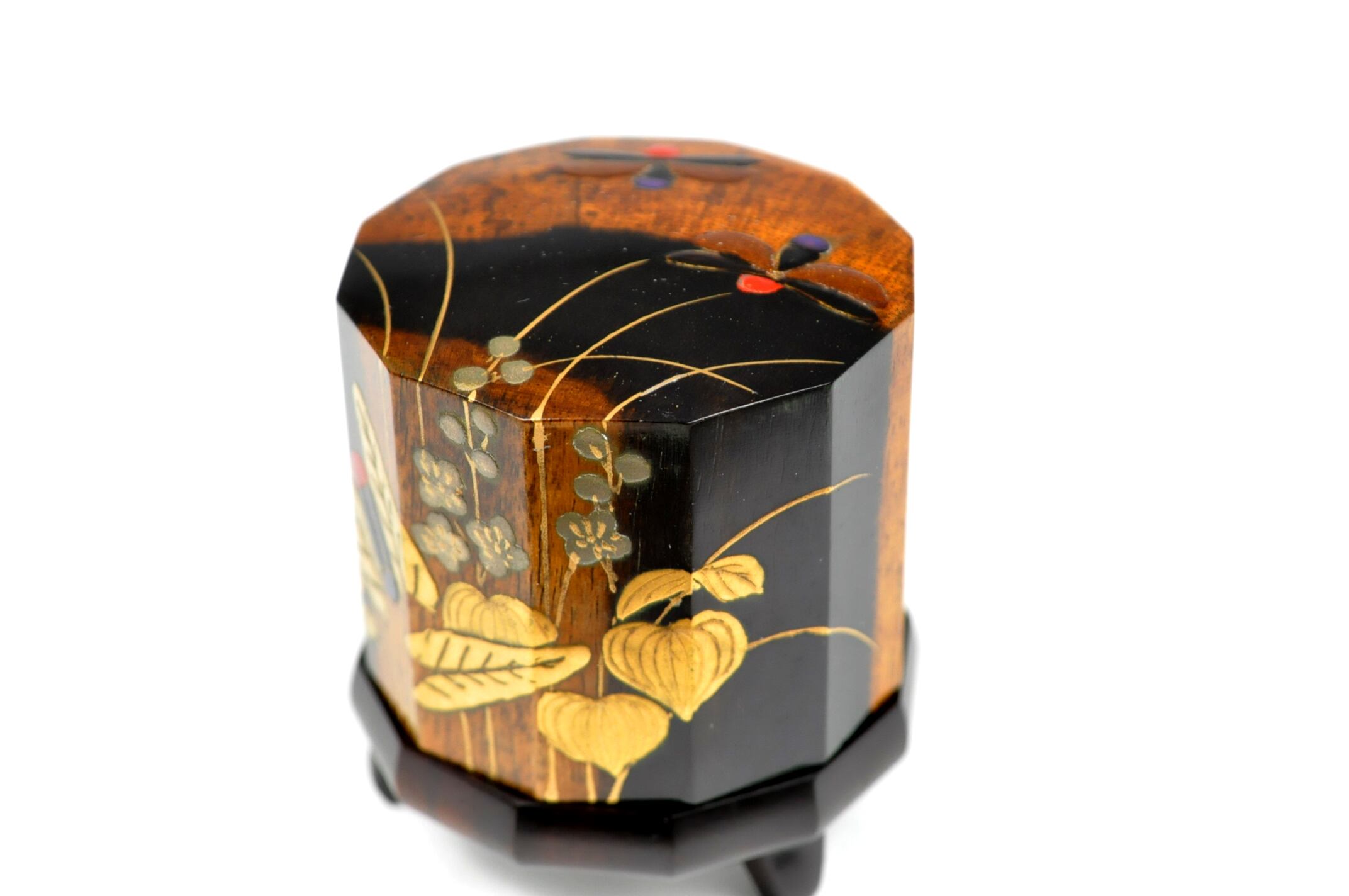 □山中漆器 嘉匠菴 中村 孝也作「黒柿12角香合 水草にほたる」な-0150