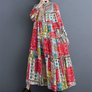 RED PATCHWORK PRINT STAND COLLAR LONG TIERED SHIRT DRESS 1color M-8662