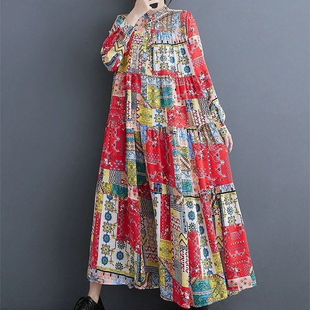 RED PATCHWORK PRINT STAND COLLAR LONG TIERED SHIRT DRESS 1color M-8662
