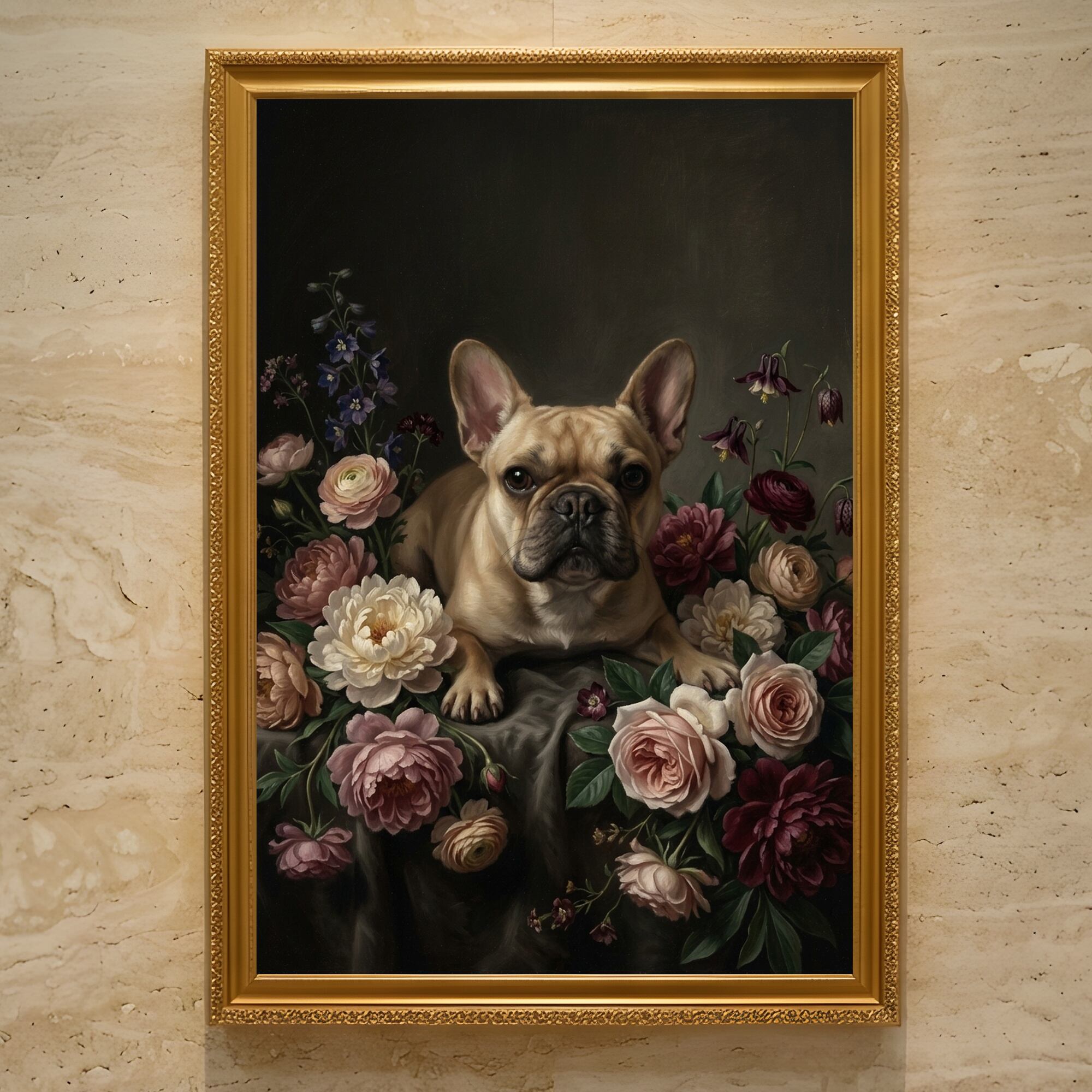 犬（フレンチブルドッグ）の花に囲まれた油絵風アート A3額装