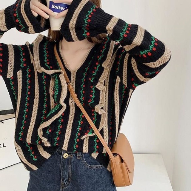 トランペットスリーブ花柄ミックスボーダーニット　3061