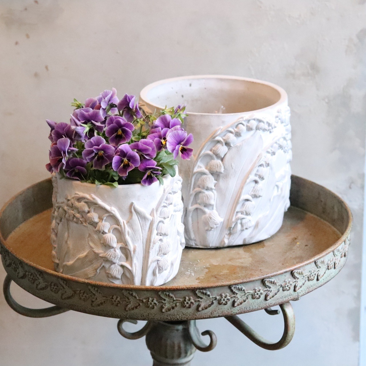 植木鉢　エルメリリーベーシックS GW　スズランデザイン　陶器　アンティーク調　シャビーシック　オシャ