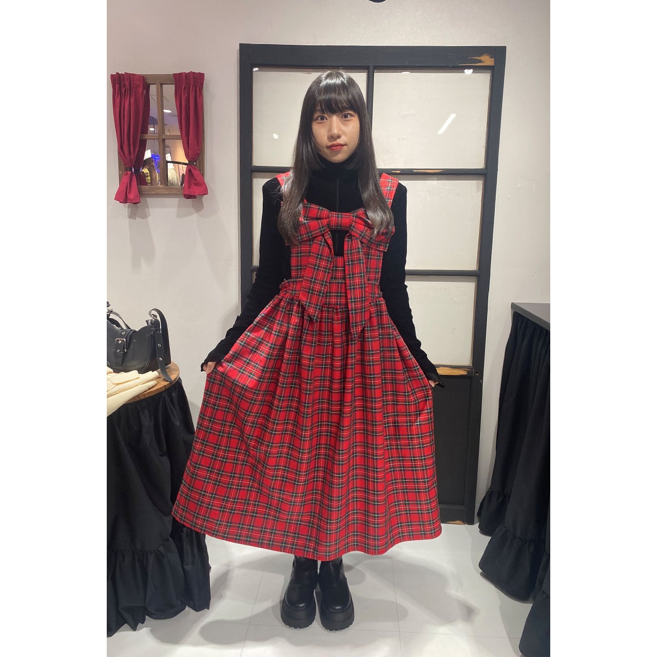 Front Ribbon Sleeveless Onepiece (Red Check / Long丈 Front Ribbon Sleeveless Onepiece (Red Check / Long丈