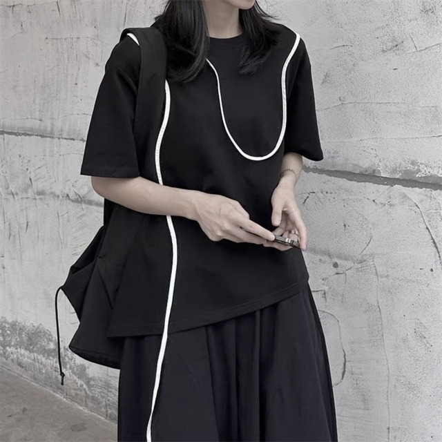 Bicolor line design asymmetrical T-shirt【2color】 C1058