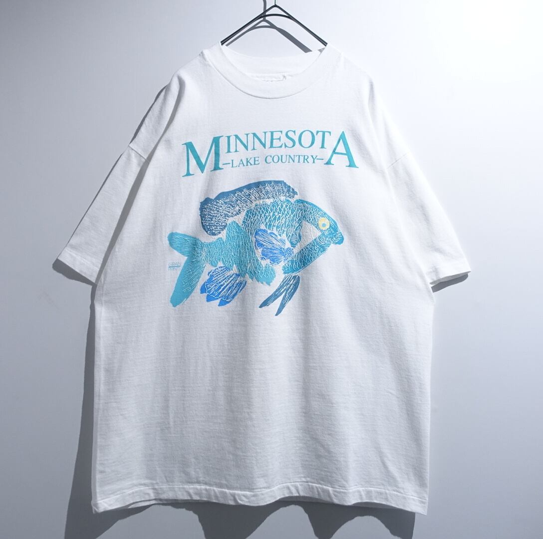 90s "Hanes" White Fish Motif Print T-Shirt