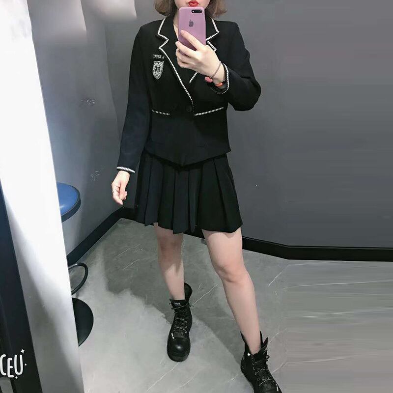 秋の新しい大きいサイズのスーツのジャケットの女性の脂肪mmツーピースジャケットは薄いカジュアルプリーツスカート200 kgでした ミックスインファッション78827711671