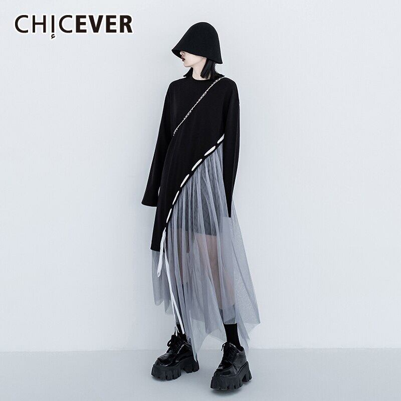 CHICEVERヴィンテージドレスレディースOネック長袖パッチワーク包帯メッシュヒットカラールーズドレス2020 ロング ビンテージ 6base567287752409