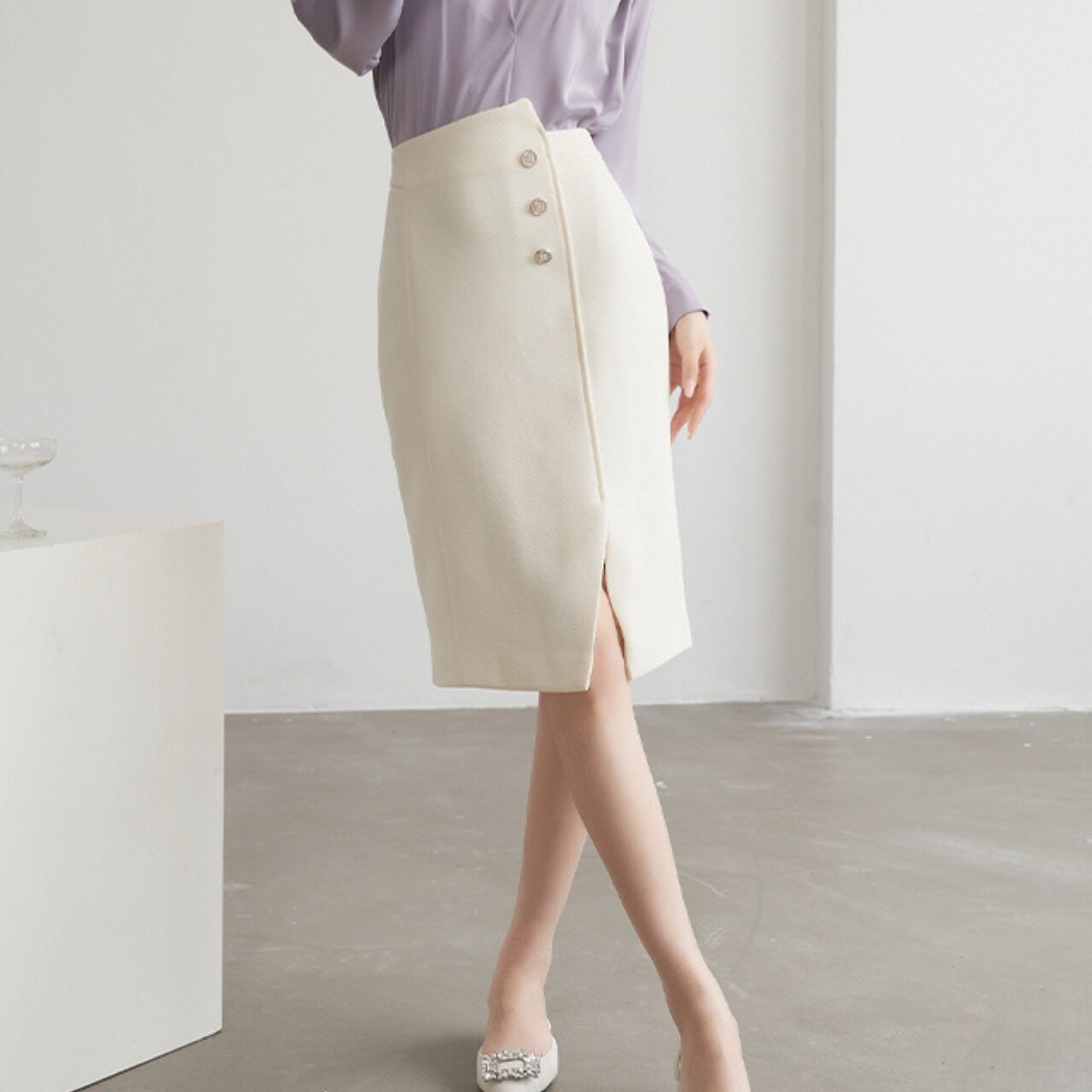 フロントボタン スリット ミディ丈 タイトスカート K1155