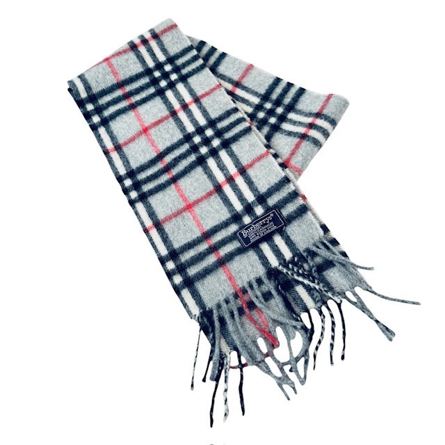 古着 バーバリーズ Burberrys カシミヤマフラー クリーニング済み 細身 グレー ノバチェック柄 イングランド製 男女兼用