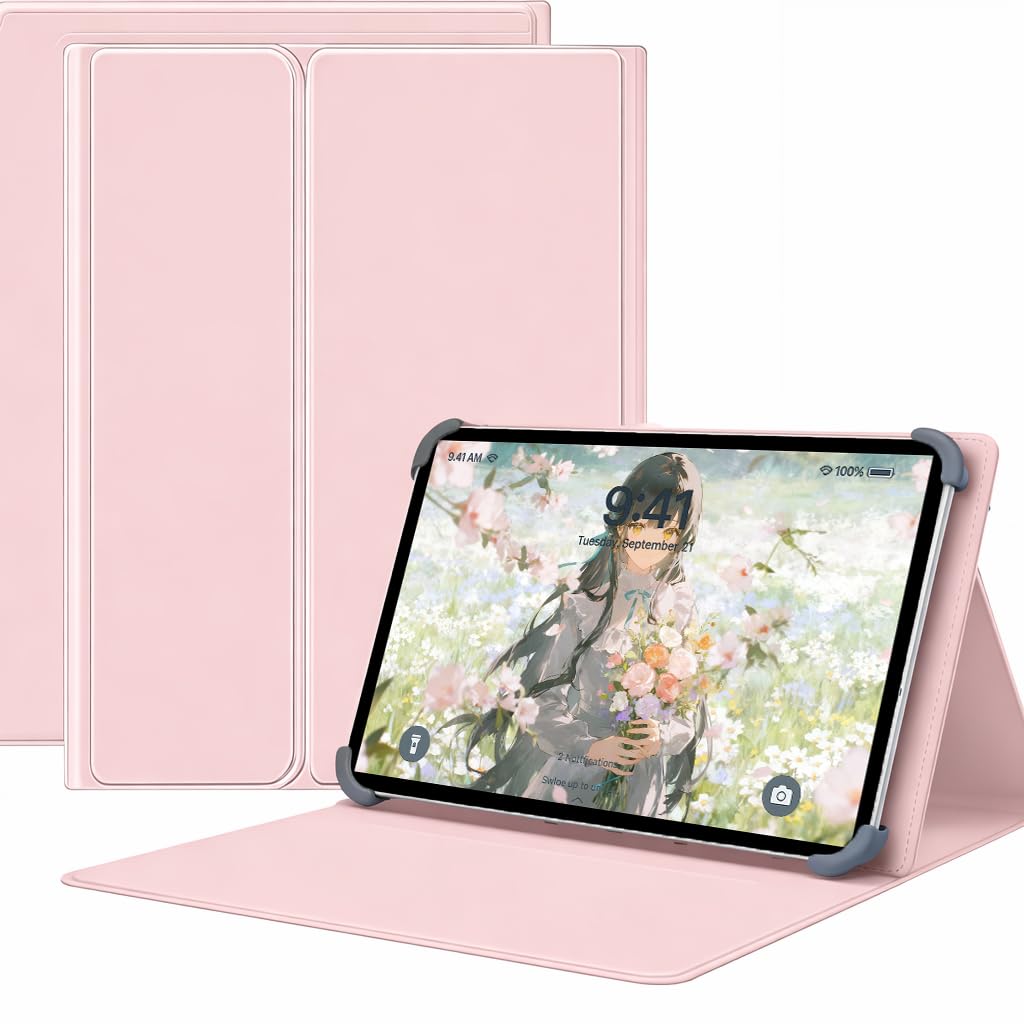For スマイルゼミ スマイルタブレット4 (SZJ-JS203) ケース 9-11インチ タブレットケース マグネット着脱式 3段階スタンドスロット&視野角度調節 スタンド機能 四隅テンションクリップ固定 耐衝撃設計 PUレザー 高級PUレザー (ライトピンク, スマイルタブレット4)