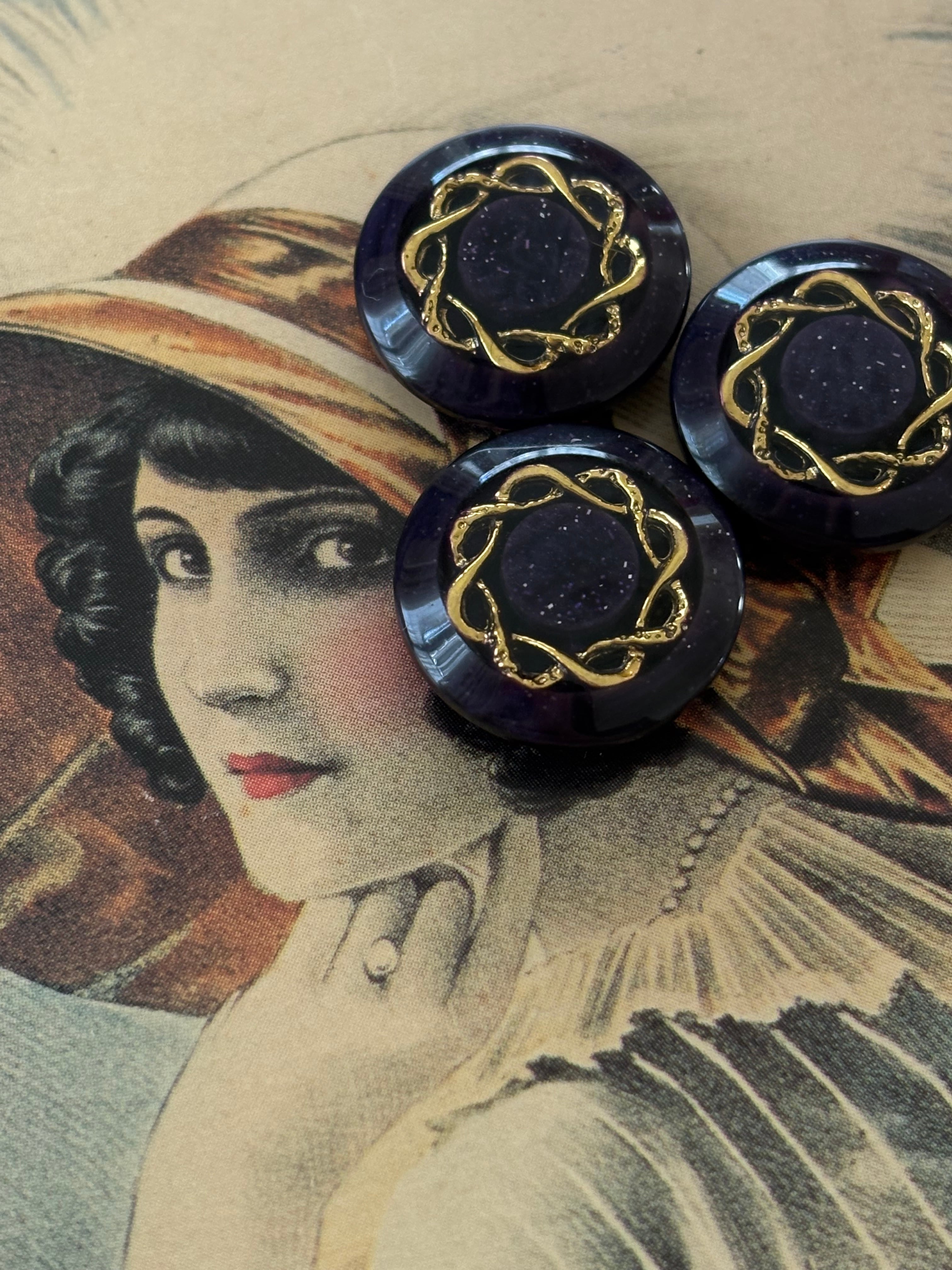 18mm Japanese ヴィンテージボタン パープル×ゴールド グリッター 星 レトロ アクセサリーパーツ 装飾材 カルトナージュ