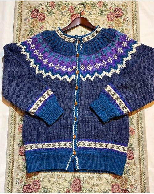 vintage  Ecuador Nordic pattern hand knit "厚手"wool cardigan【L 】