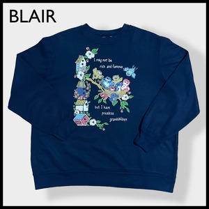 【BLAIR】プリント 花 小鳥 かわいい系 スウェット トレーナー プルオーバー ネイビー 薄手US古着