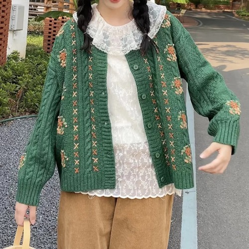 ラインフラワー刺繍ニットカーデ ・12054