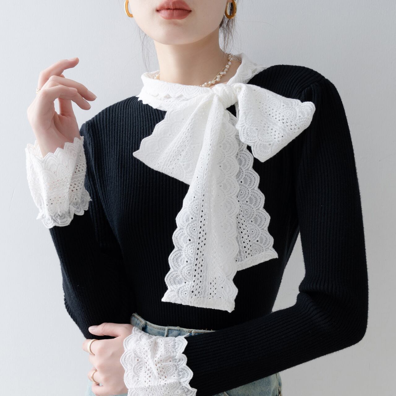 レース ボウタイ リボン セーター