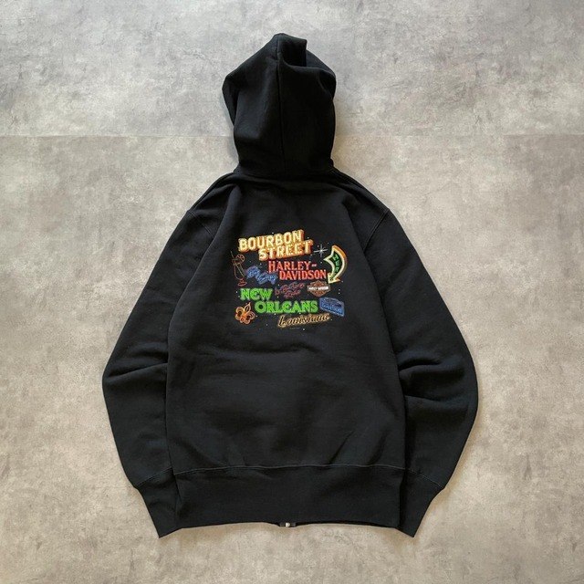 ハーレーダビッドソン パーカー ジップ プリント 古着 黒 M 12220