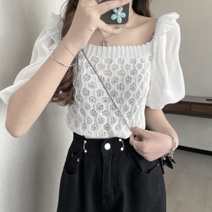 ショート丈 ニット ブラウス レディース 春夏 トップス 大人 きれいめ おしゃれ かわいい フェミニン パフスリーブ スクエアネック 大人可愛い 大人女子